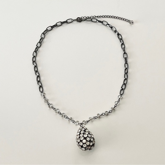 Rhinestone Pewter Teardrop Pendant Necklace - Picture 2 of 8